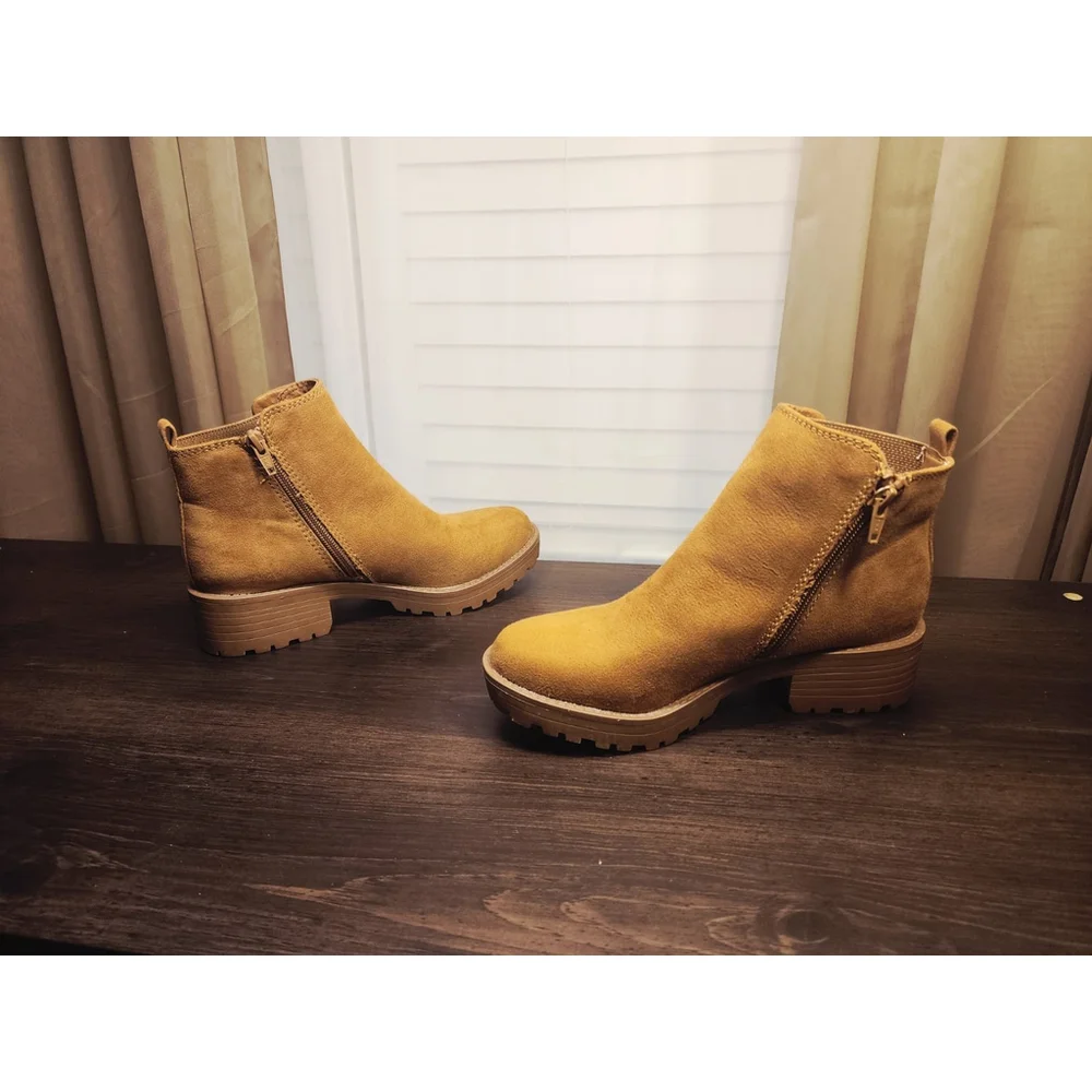 Sun + Stone Faux Microsuede Chelsea Zip On Lug Boots Booties - 7 M Camel Beige